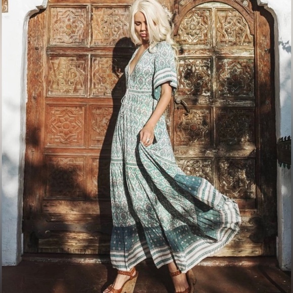 Spell & The Gypsy Free People Oracle gown green Maxi Dress lurex rayon med Rare - Picture 3 of 10